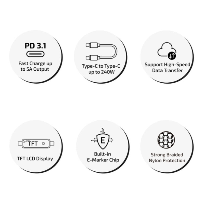 inno3C - 240W TFT LCD Type-C 轉 Type-C 資料傳輸充電線 120cm (i-DC240-12-BK)