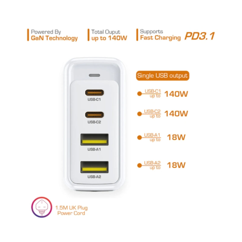 First Champion USB 桌上 氮化鎵(GaN) 快速充電器 140W, 支援 USB-C PD3.1 & USB-A , UPC140PD2C2A