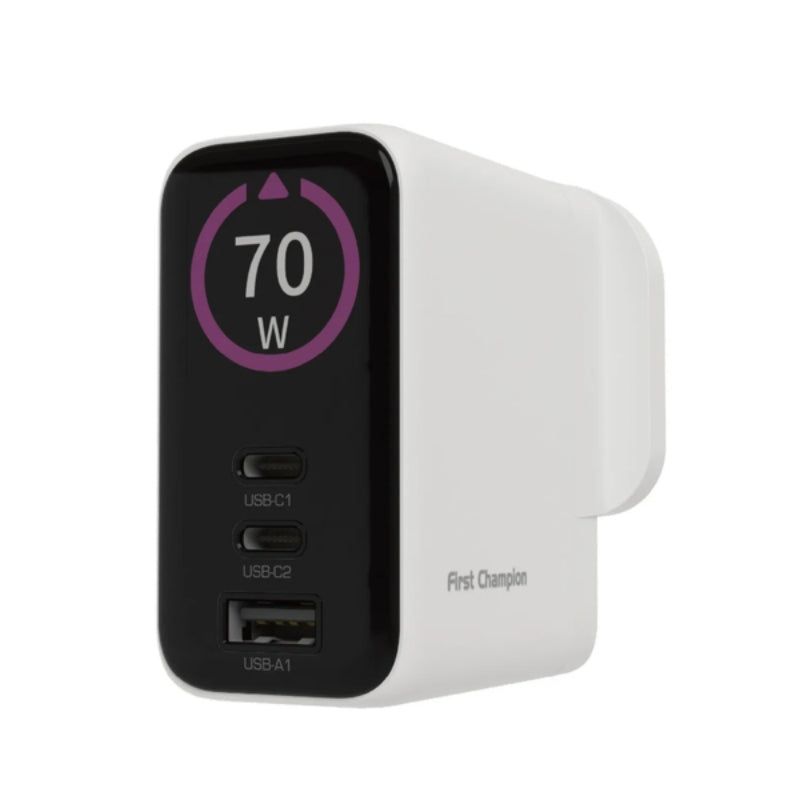 First Champion 3-Port 70W 智能顯示 USB 充電器 with USB-C & USB-A - UWCT370PD2C-UK