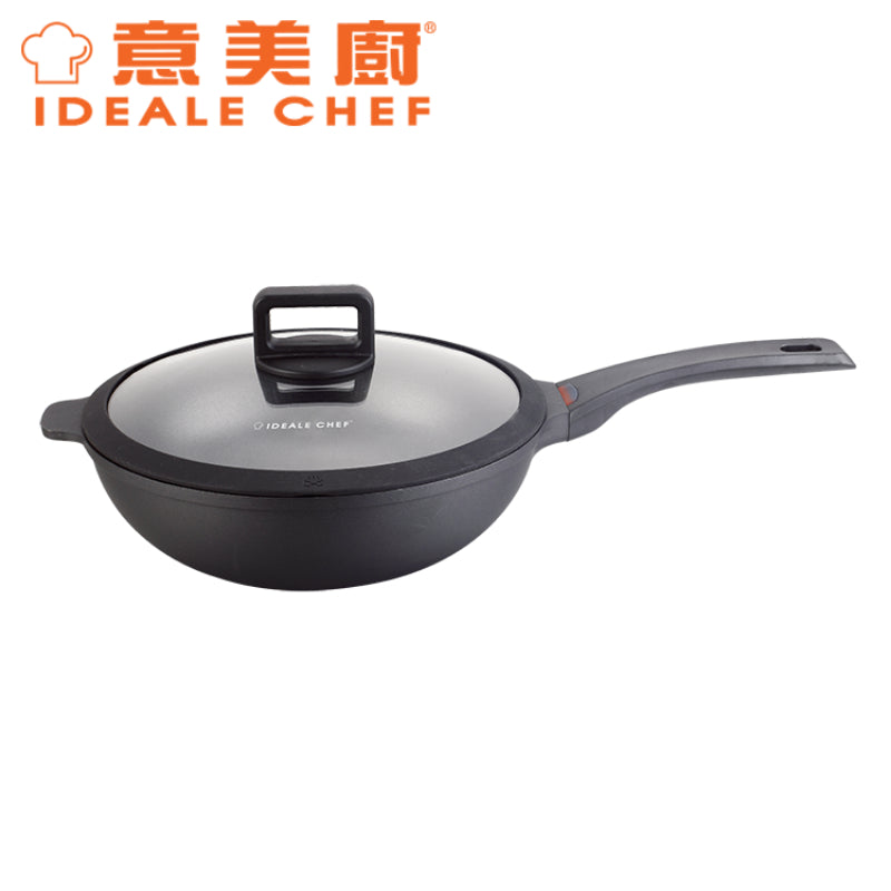 意美廚DAZZLE鋼化鑄鋁黑色易潔30X9.5CM/4.8L單柄炒鍋連玻璃蓋 (感溫手柄)(IC17030W)