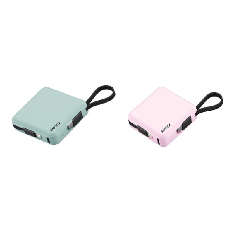 Raptic 纖薄迷你方形 5000mah 行動電源,內置 Type-C 充電線 x 2 個 (粉紅色+綠色)