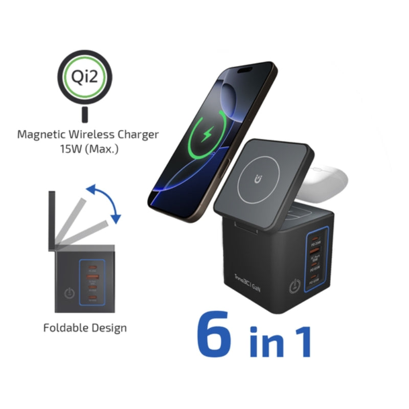 inno3C 105W Qi2 15W快充 PD3.0 GaN 6合1 MagSafe磁吸無線快速充電座 i-105WS