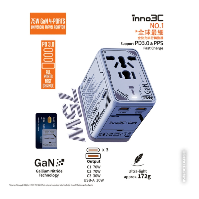 inno3C - 75W GaN 4輸出旅行轉換插頭