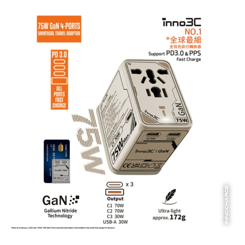 inno3C - 75W GaN 4輸出旅行轉換插頭