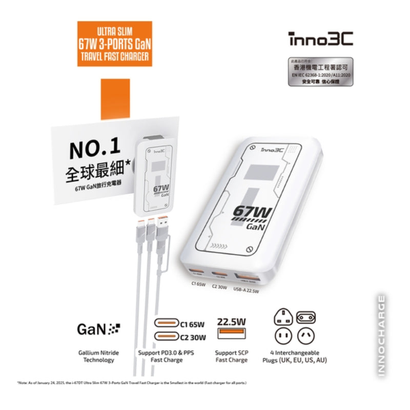 inno3C - 超薄67W 三輸出 GaN 旅行快速充電器 (i-67DT)