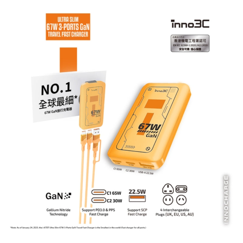 inno3C - 超薄67W 三輸出 GaN 旅行快速充電器 (i-67DT)