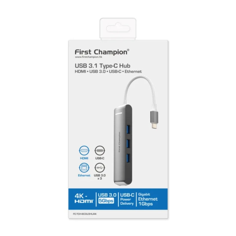 First Champion USB-C 集線器 - 6合1 with HDMI, USB-C, USB-A, Ethernet, FC-TCH-6C3U3HLAN