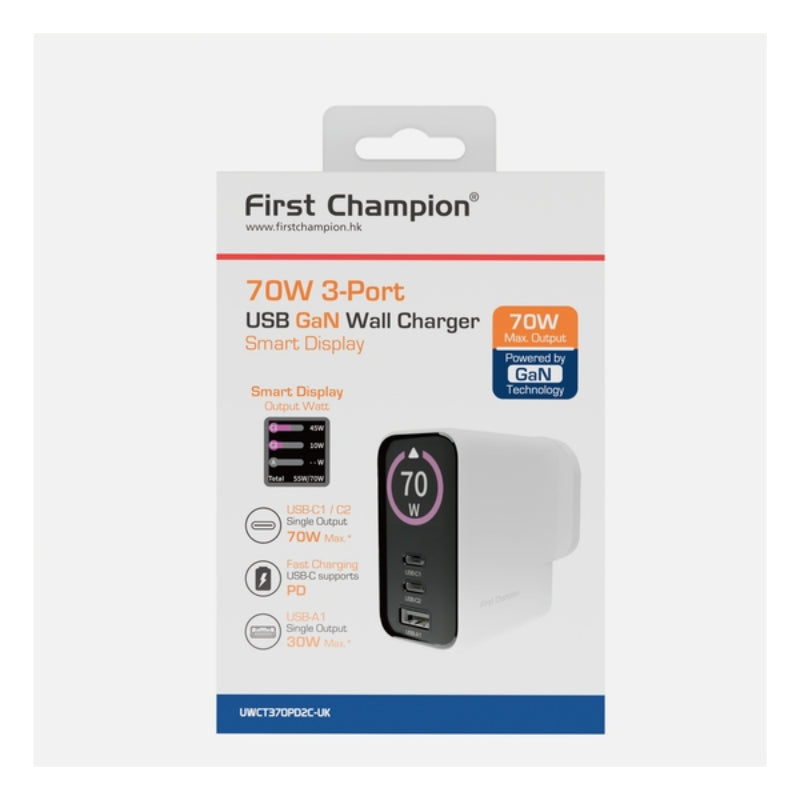 First Champion 3-Port 70W 智能顯示 USB 充電器 with USB-C & USB-A - UWCT370PD2C-UK