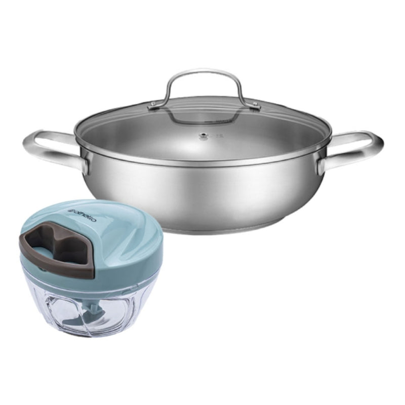 Othello 28cm不銹鋼淺燒鍋配玻璃蓋(雙耳) + Novelty系列小旋風料理器