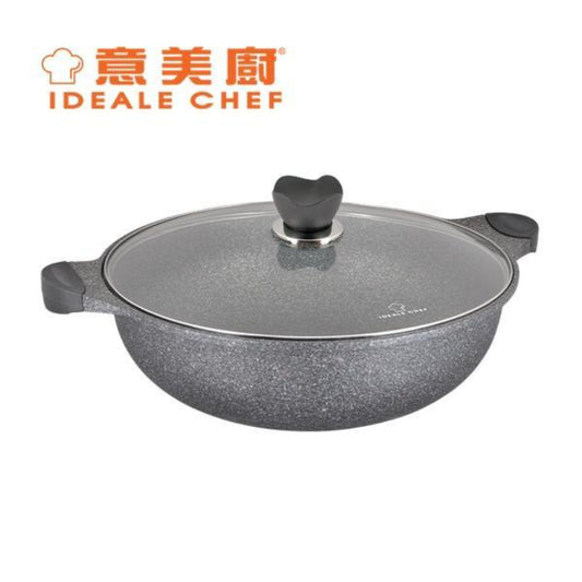 意美廚韓國製JUMBO鋼化鑄鋁大理石紋易潔36X10.5CM雙耳鍋連玻璃蓋(IC14636W)