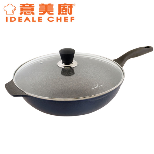 意美廚韓國製RAINBOW鋼化鑄鋁大理石紋易潔 34X9.5CM單柄炒鑊連玻璃蓋- 深藍色