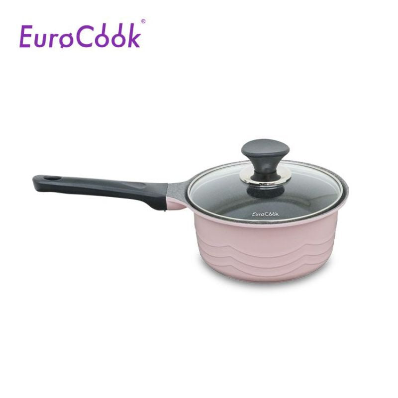 EURO COOK韓國製鋼化鑄鋁雲石紋易潔18X8.4CM/1.8L單柄煲連玻璃蓋- 粉紅色