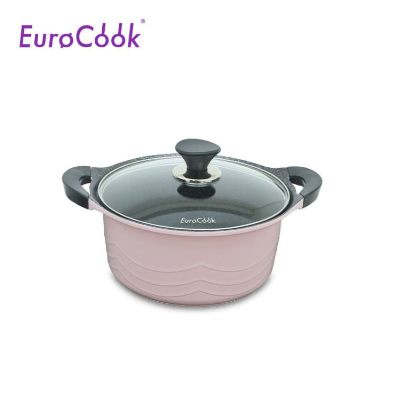 EURO COOK韓國製鋼化鑄鋁雲石紋易潔20X8.8CM/2.3L雙耳煲連玻璃蓋- 粉紅色