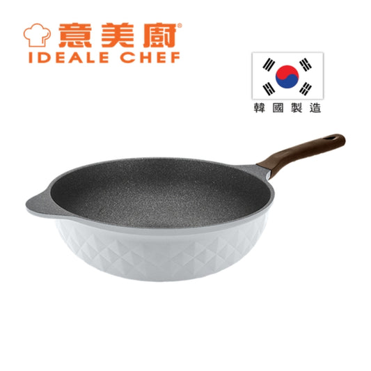 意美廚韓國製CRYSTAL II 鋼化鑄鋁鈦塗層  32X11CM單柄炒鍋- 淺灰色 (IC17632W)