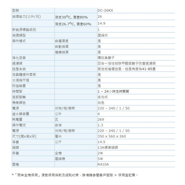 Carrier 開利 26公升 空氣淨化抽濕機 DC-26KX(只限送貨)