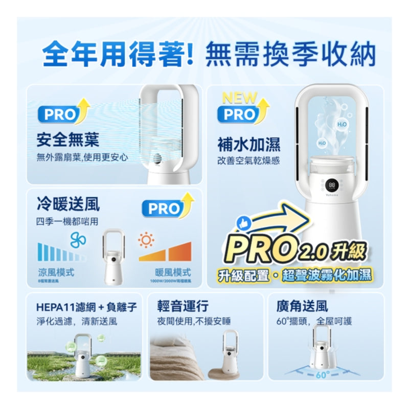 日本Yohome 四季冷暖雙風自動搖頭可加濕空氣淨化低噪無葉風扇 PRO 2.0