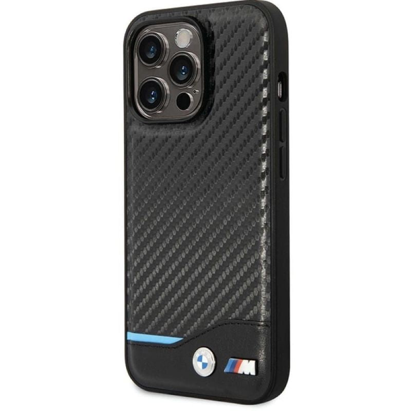 BMW - M COLLECTION - MAGSAFE PU CARBON CASE WITH BOTTOM HORIZONTAL BLUE LINE AND PRINTED LOGO - BLACK - IPHONE 14 PRO