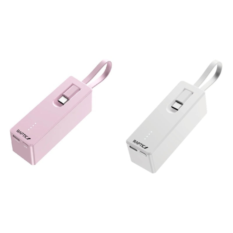 Raptic 迷你快速充電 4500mah 行動電源，內置 Type-C 充電線 2 個 (粉紅色+白色)