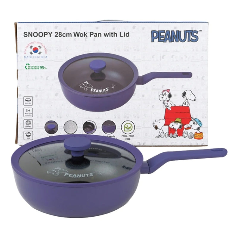 PEANUTS 正版授權 28cm 單柄不黏深炒鑊連強化玻璃蓋(韓國製造)(只限送貨)