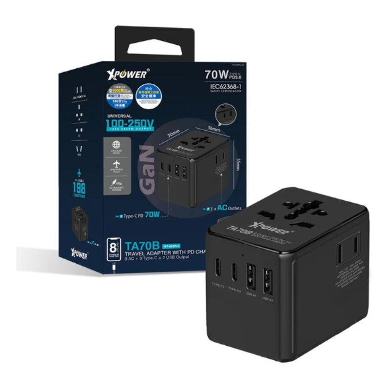 Xpower TA70B 8輸出 PD/PPS 70W Gan旅行充電器