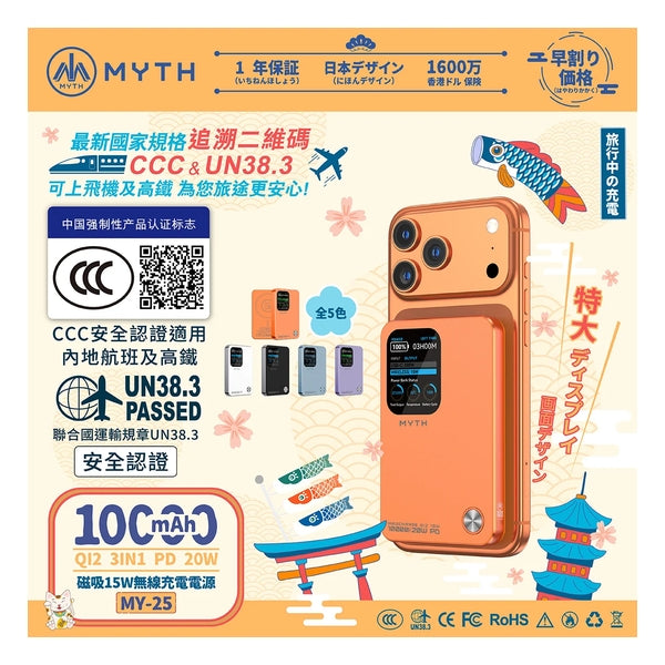 MYTH MY25 3合1 PD20W Qi2 移動電源10000mAh 磁吸15W 1.8寸特大FTF顯示屏