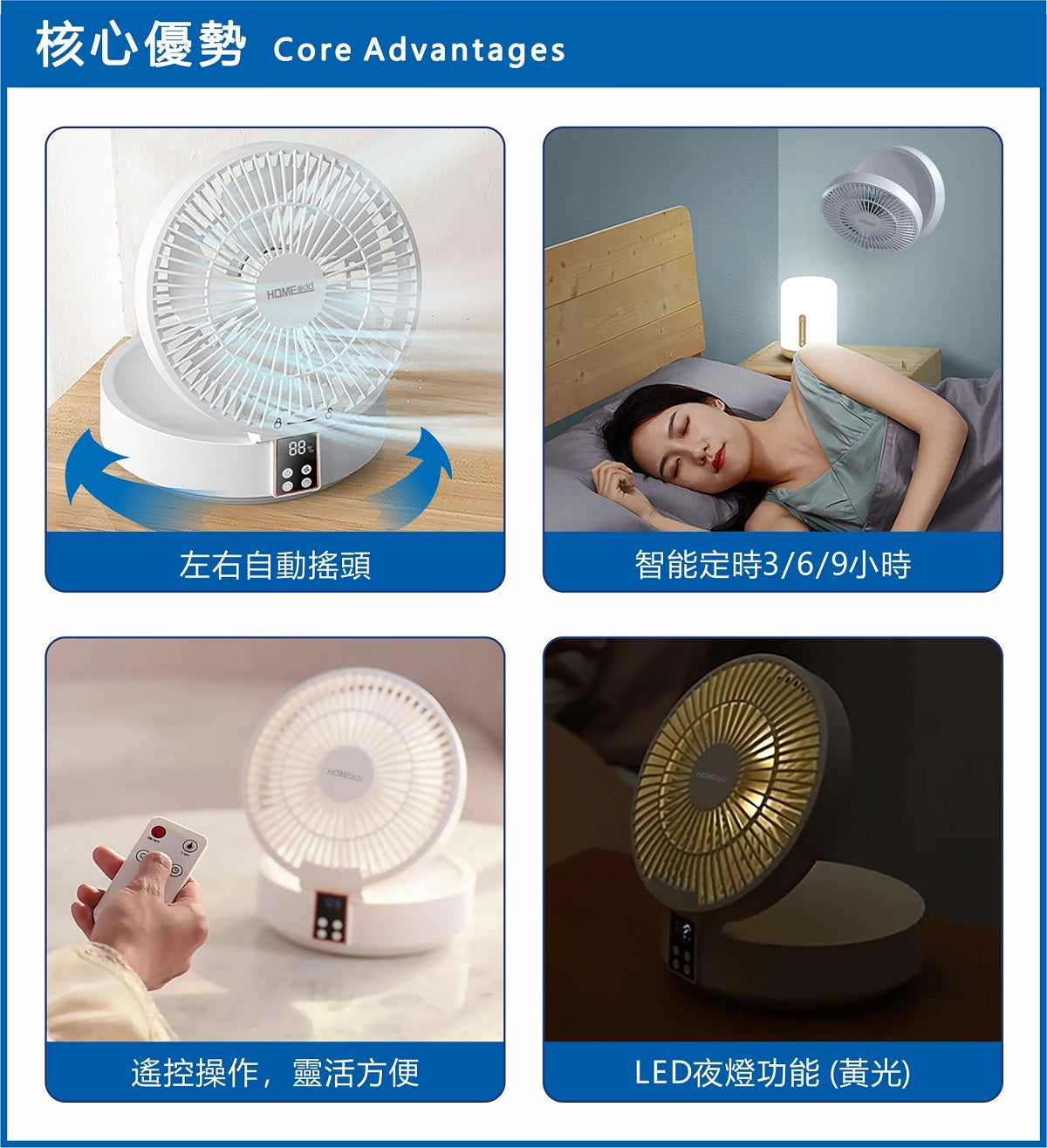 HOME@dd 無線摺疊搖頭智能遙控循環扇 (檯壁兩用) (免費送貨/自取)